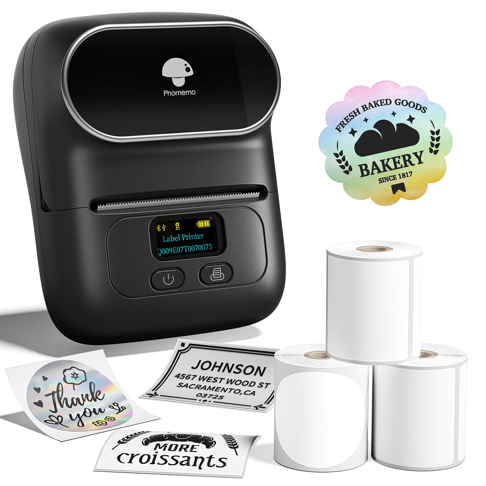 Label Printer - M110 Label Maker with 3 Tapes, Mini Portable Barcode Label Printer for Retail, Address, Barcode, Home, for PC/Mac, iOS/Android, Ebony Black