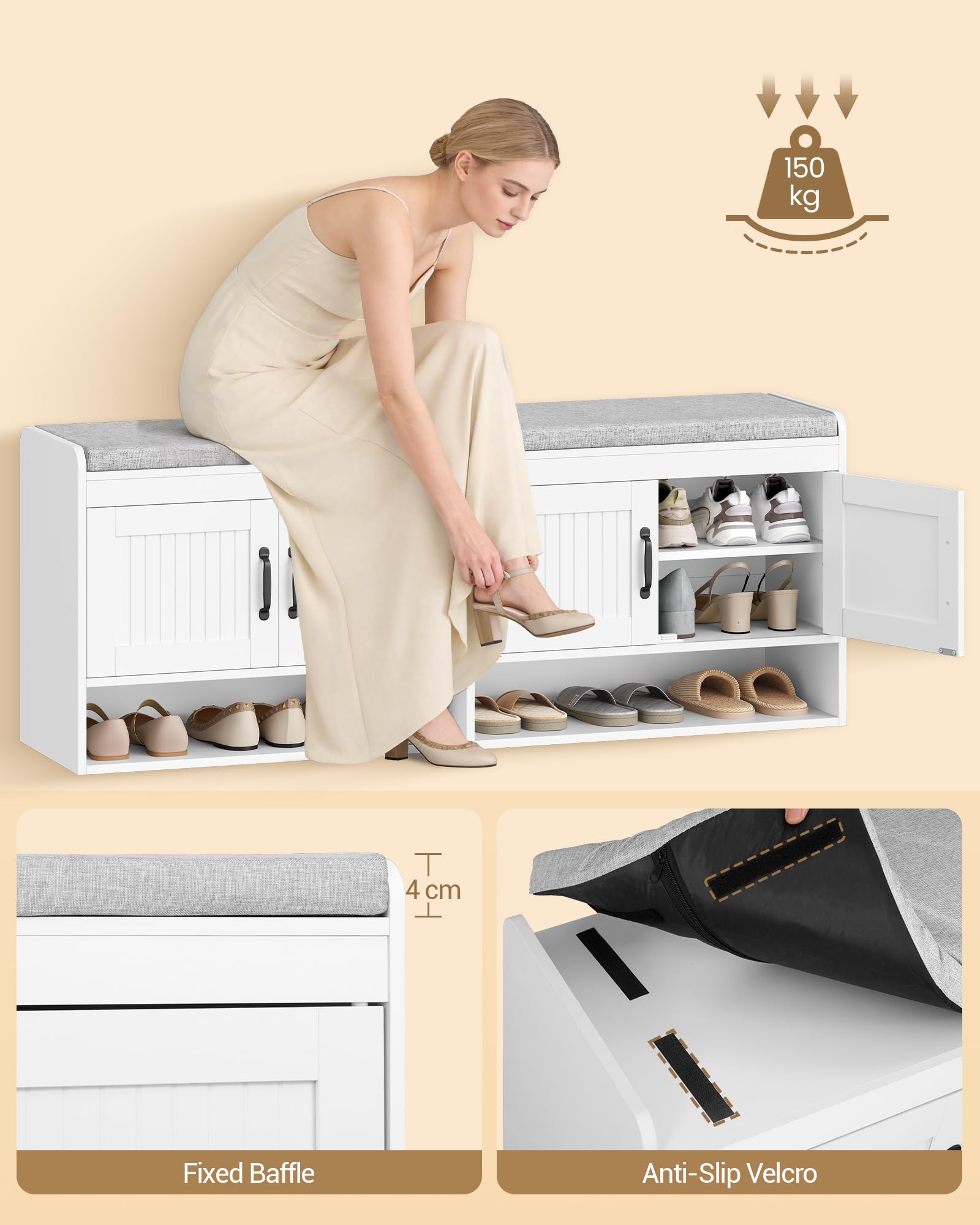 Hzuaneri Banc à Chaussures avec Siège, 140 cm, Blanc | Étagère à Chaussures, Espace de Rangement, Espace ouvert, Rangement Caché, pour Salon, L'entrée, 35 x 140 x 54 cm, SB41403GY