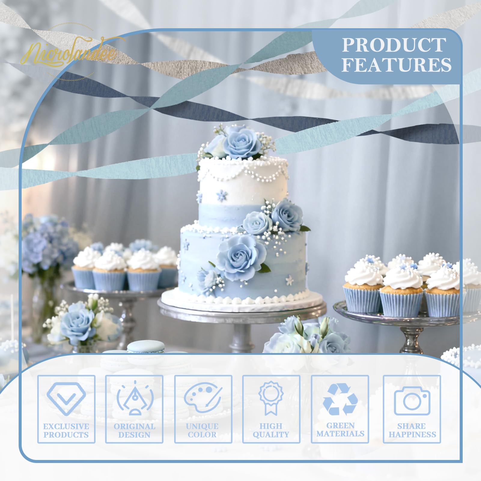 NICROLANDEE 5 rotoli di carta crespa blu polveroso grigio argento per decorazioni di nozze, ghirlanda di carta decorazione per qualcosa di blu, addio al nubilato, sfondo per baby shower