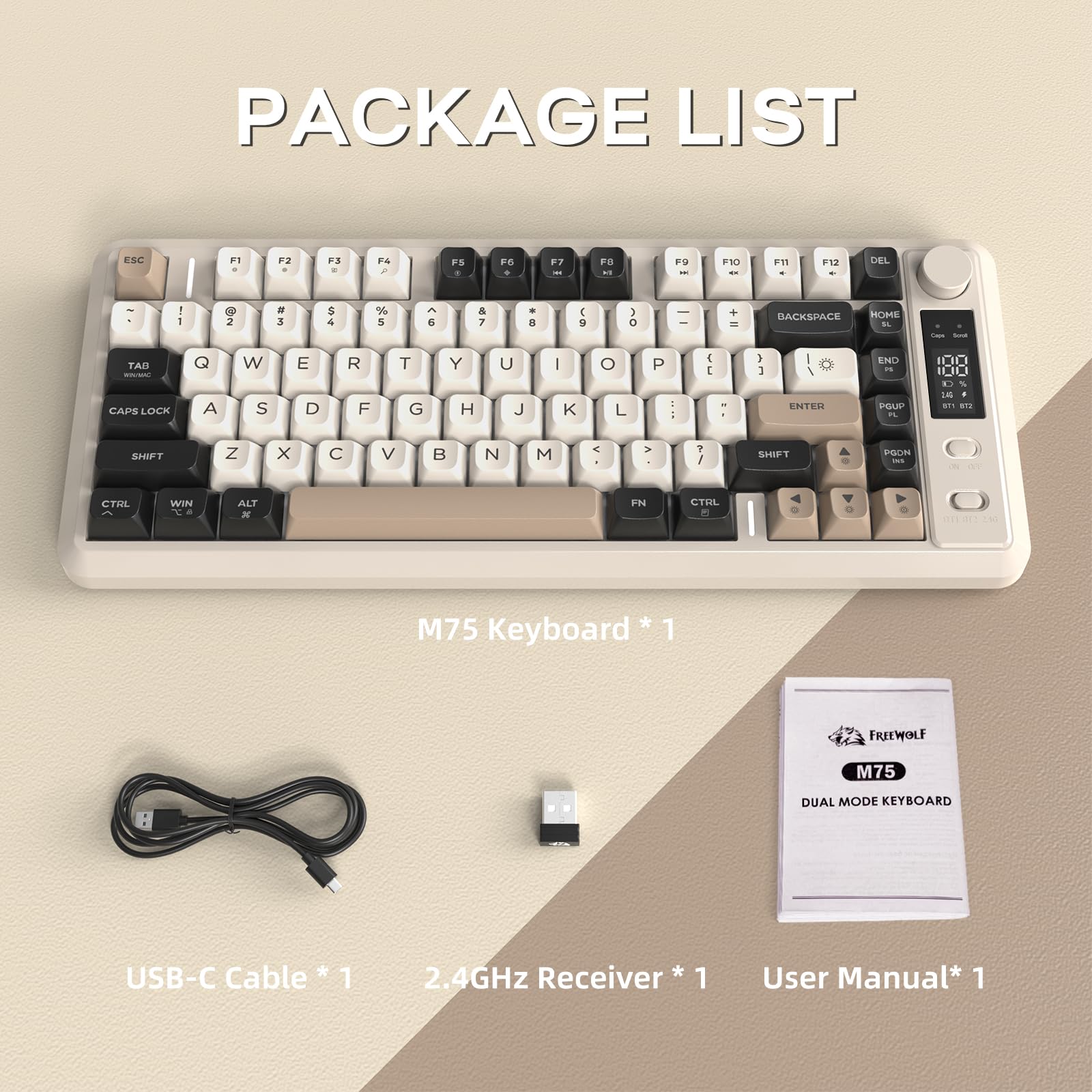 ZIYOU LANG M75 82-Klawiszowa Bezprzewodowa Klawiatura Membranowa,Inteligentny Wyświetlacz i Pokrętło,Tryb Podwójny BT/2,4 GHz,Nakładki na Klawisze PBT,Podświetlenie Tęczowe (Serowy)