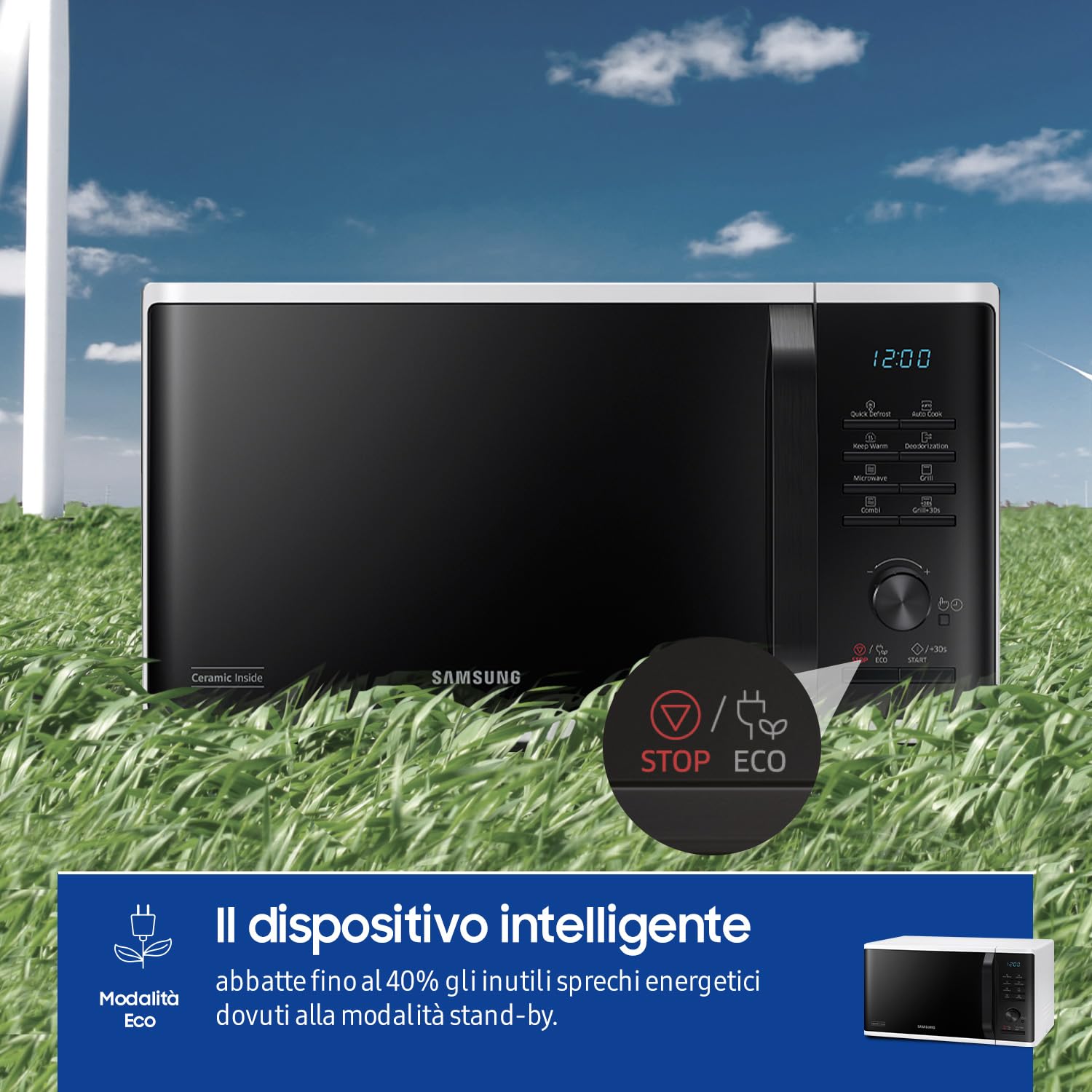 Samsung, Libera istallazione, Forno a Microonde Grill Advanced, MG2AK3515AW/ET, Cottura Croccante, Microonde + Grill 800 W + 1100 W, 23 L, 49l x 27,5h x 39p cm, Bianco
