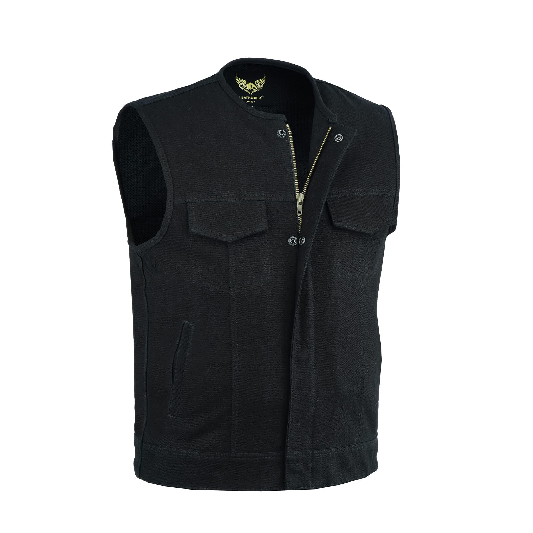 Leatherick Men SOA Black Denim Collarless Biker Vest Waistcoat with Gun Pockets (XL) Black