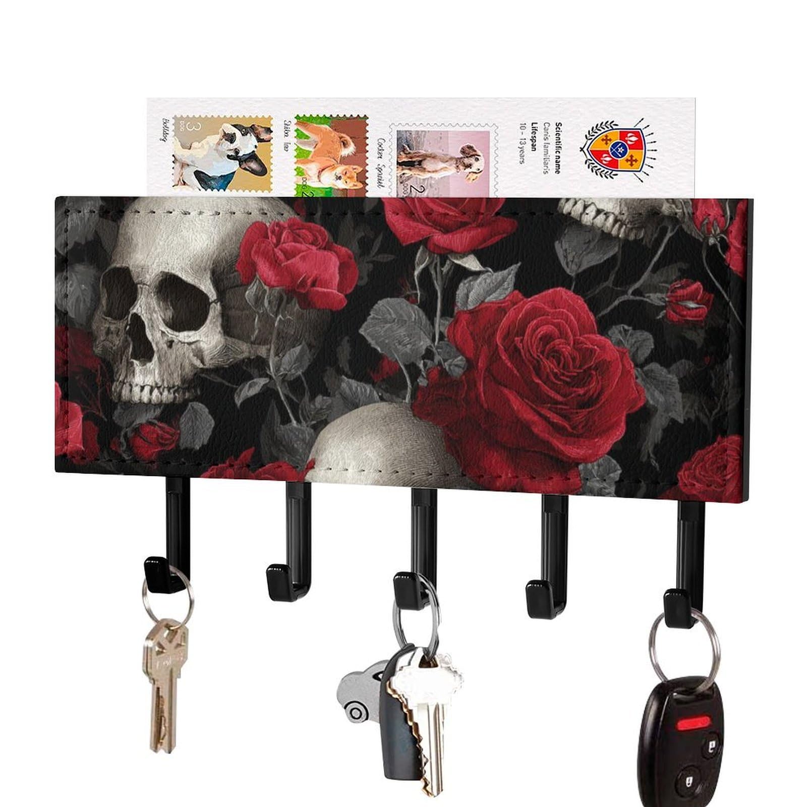 Jubonexis Skulls and Red Roses Wall Mount with 5 Hooks Acrylic Key Rack for Home Office Entryway