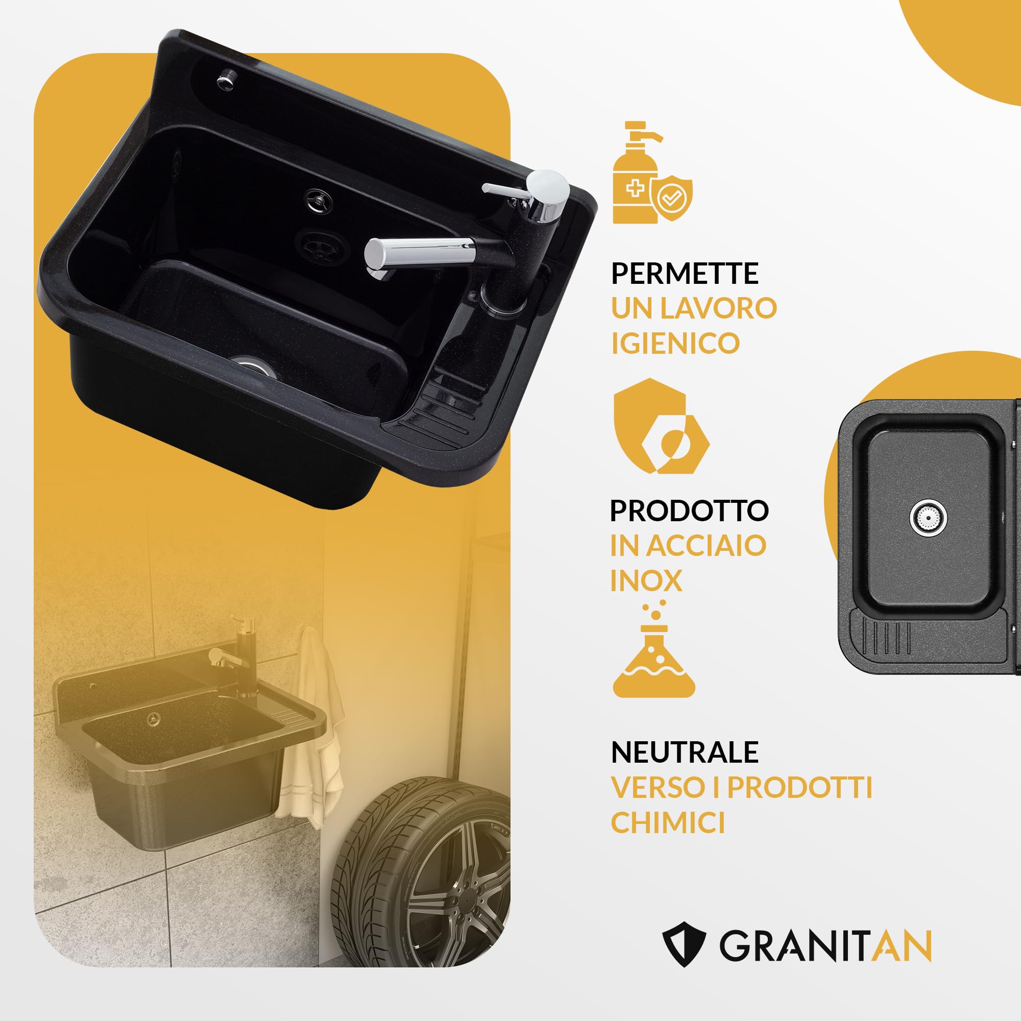 GRANITAN Lavandino da Esterno Moderno per Garage e Lavanderia - Lavatoio per Installazione Interna ed Esterna - Pilozzo da Esterno Giardino - 50x34x31 cm - (Grigio + Rubinetto del Lavello FLEX)