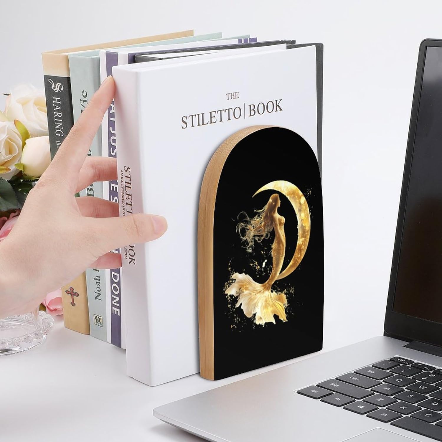 Golden Color Mermaid Moon Cute Wood Book Ends Decorative Bookends 1 Pair Non-Skid for Shelves Home Office 7 X 5 Inch