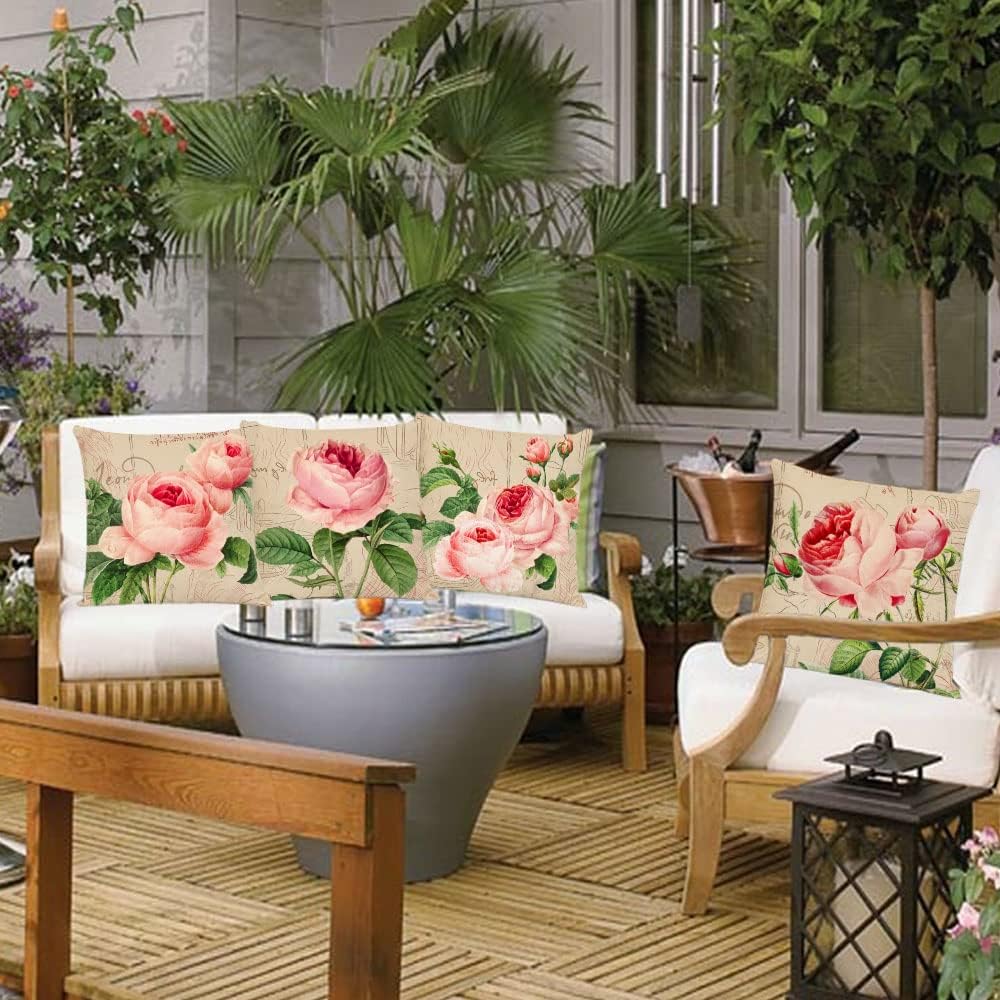 Neatee Living Set of 4 Rose Decorative Throw Pillow Covers 24x24 Inch Pink Floral Pillow Covers Square Pillow Cases Spring Summer Flower Outdoor Sofa Couch Home Decoration Cushion Covers (24 by 24)