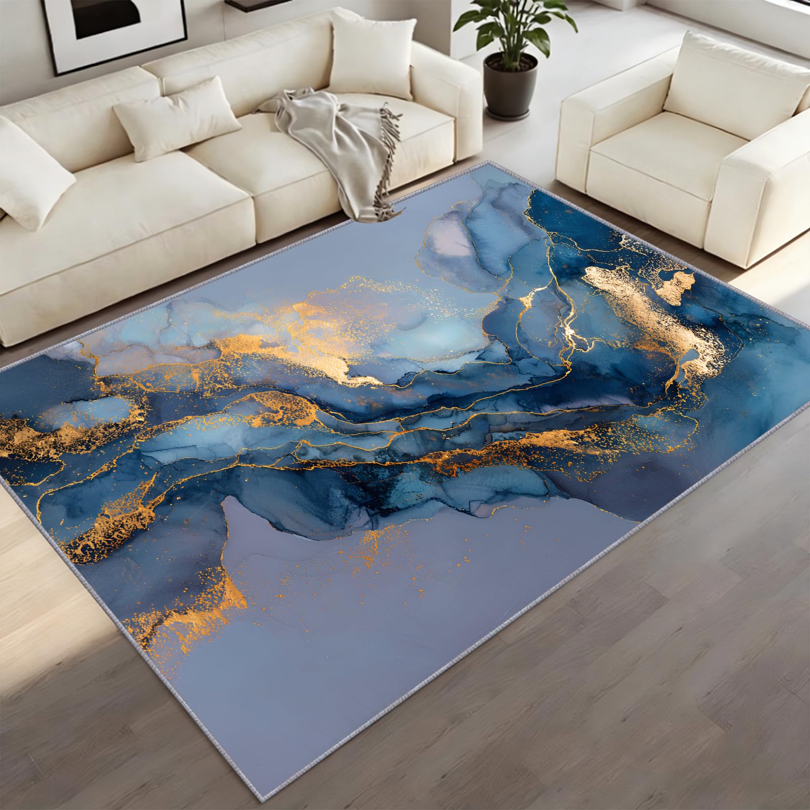 CAQDUEP Marble Area Rugs For Bedroom 120x170cm Blue And Gold Marble Rug, Luxury Abstract Fluid Art Rug Non-Slip Washable Area Rugs For Living Room Kitchen Dining Room