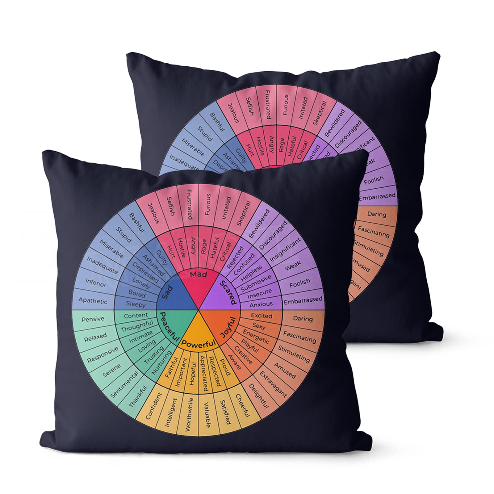 2PCS Wheel of Emotions Feelings Velvet Throw Pillow Case Square Decorative Pillow Cover 18x18inch Mental Health Therapy Cushion Cover