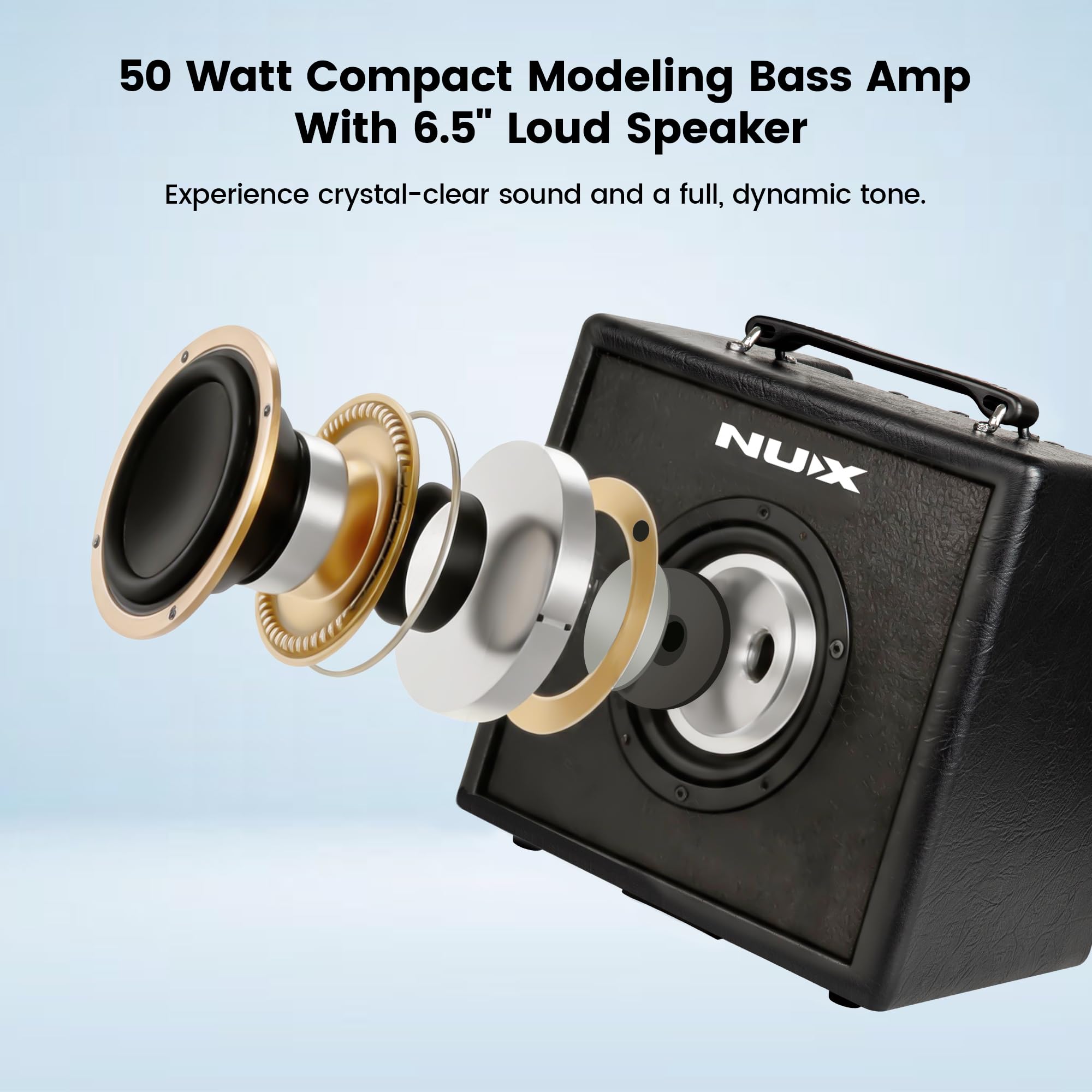 NUX Mighty Bass 50BT Digital Bass Verstärker, Bluetooth Audio Stream, 60s Phrase Loop, Gate, EFX, Amp Modell, IR, Modulation, Reverb, Portable Deep Tone to-Go, USB Audio Stream