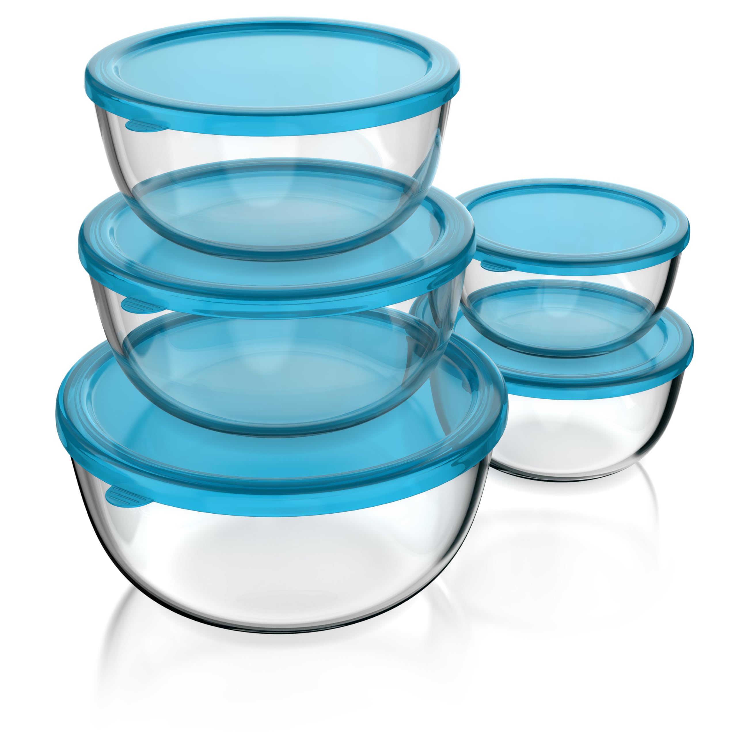 Arendo - Salatschüssel aus Glas mit Deckel - Glasschüssel 5er Set - 1000ml + 1500ml + 2000ml + 2700ml + 4400ml – Rührschüsseln klein bis groß – Borosilikatglas - Glasschale Salatglasschale