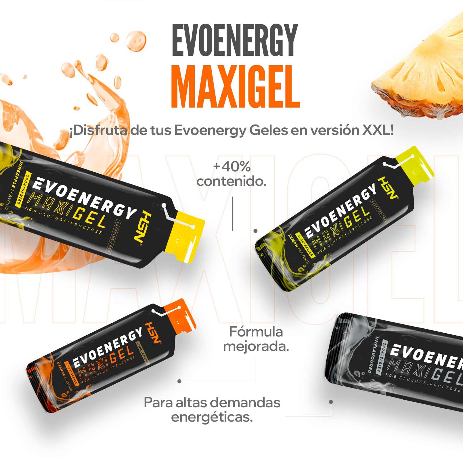 HSN Evonergy Maxigel Con Cafeína | Limón - Caja 12 Unidades de 70ml | 60g Carbohidratos por Gel Relación 1:0,8 (Glucosa:Fructosa) | Textura fluida | No-GMO, Vegano, Sin Gluten ni Lactosa