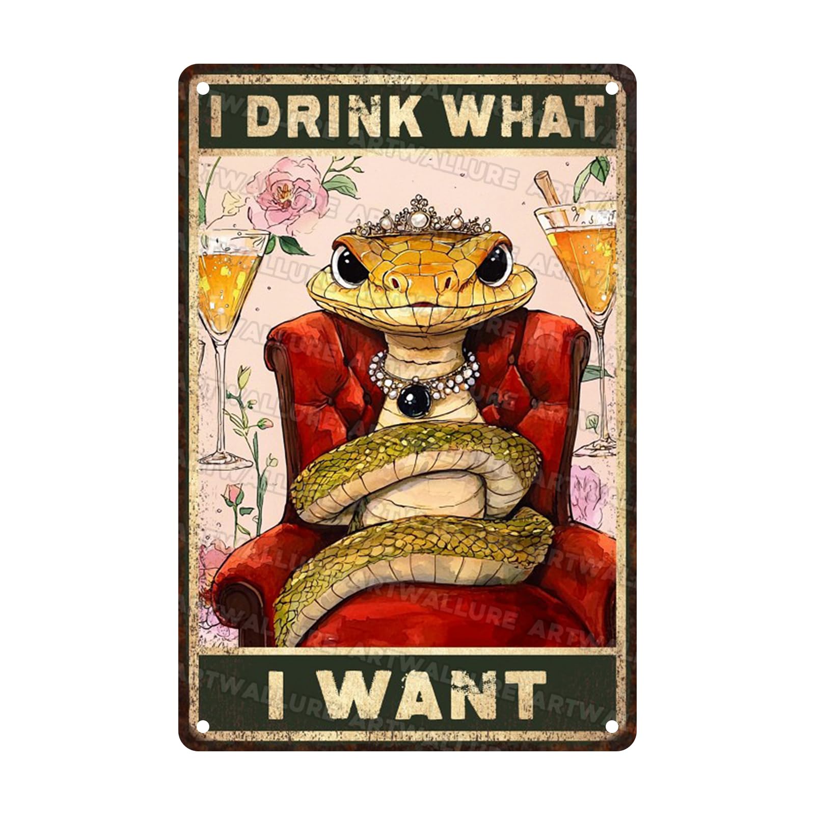 Rustic Wall Decor Metal Tin Sign Snake Queen I Drink What I Want Retro Plaque Kitchen Bar Vintage Iron Painting 8x12inch