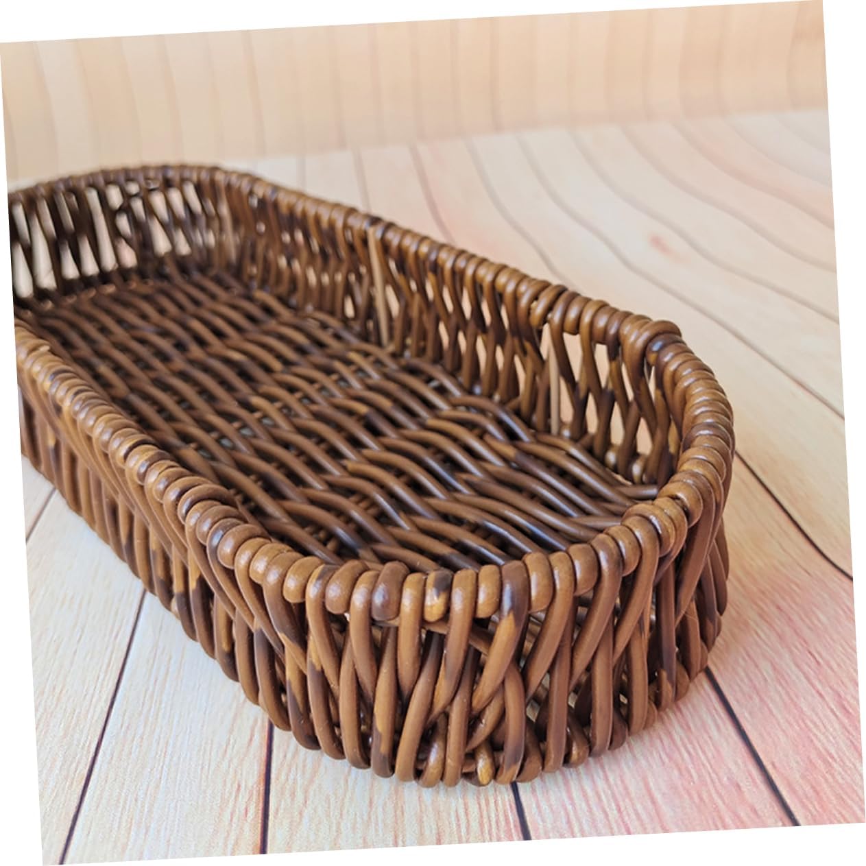 Oval Plastic Bread Basket with Woven Rattan Finish for Serving