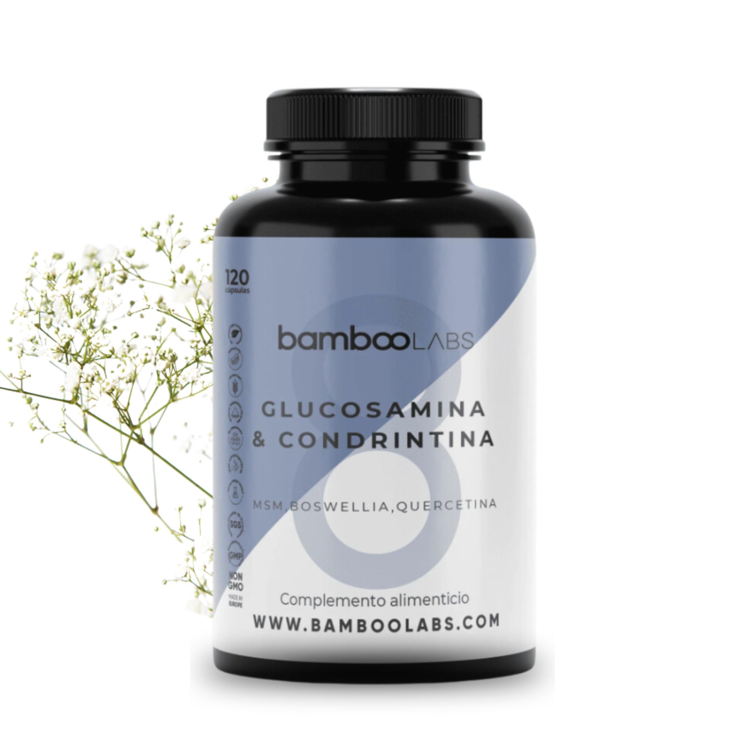 Bamboo Labs - Glucosamina con Condroitina, MSM, Boswellia, Ácido Hialurónico y Extracto de Bambú, Antiinflamatorio Natural para el Dolor en las Articulaciones, 120 Cápsulas