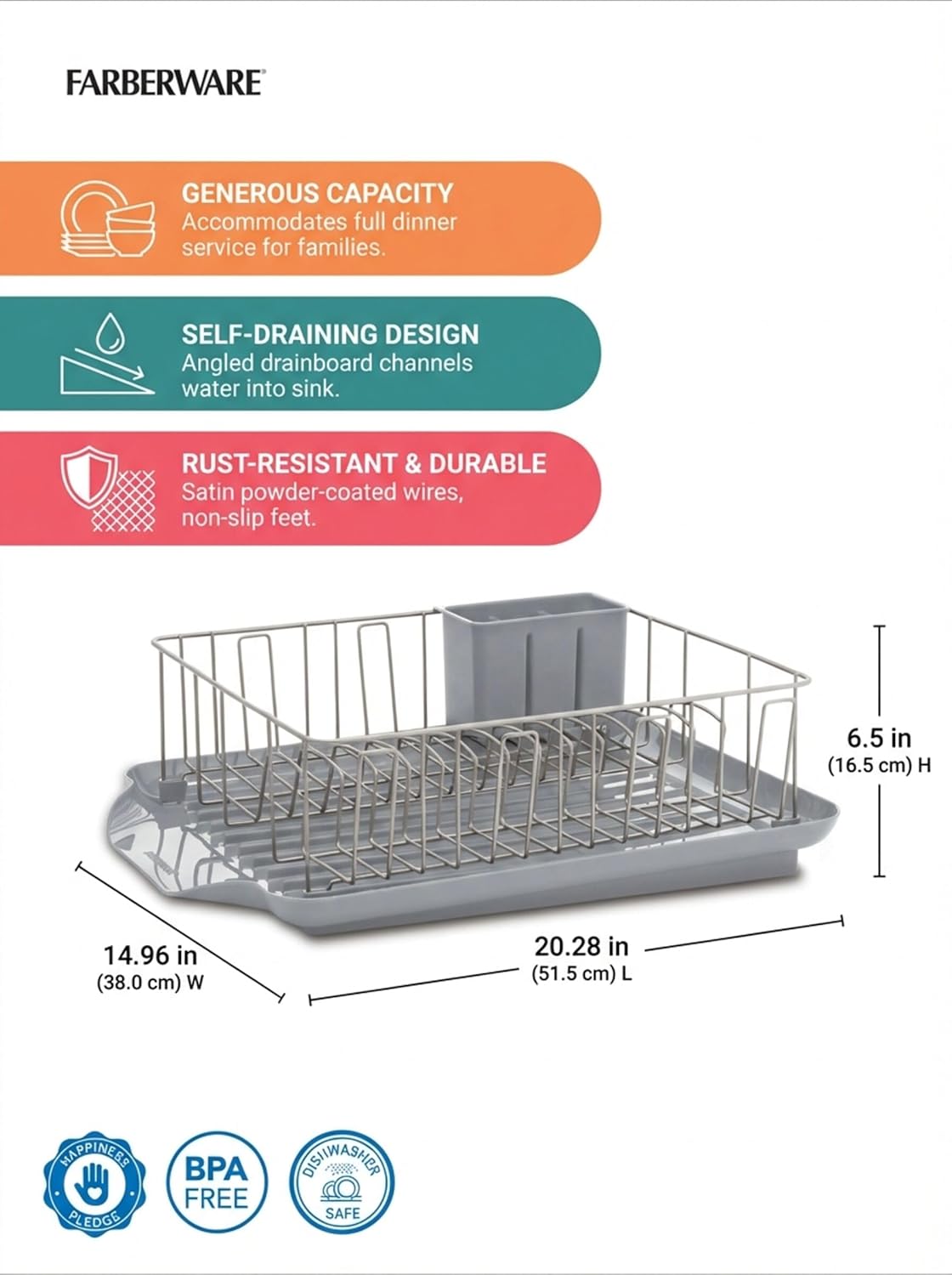 Farberware Classic 3-Piece Dish Drying Rack Set for Kitchen Counter, Gray - Rust-Resistant Wires, Self-Draining Board, Flatware Caddy, Non-Slip Feet