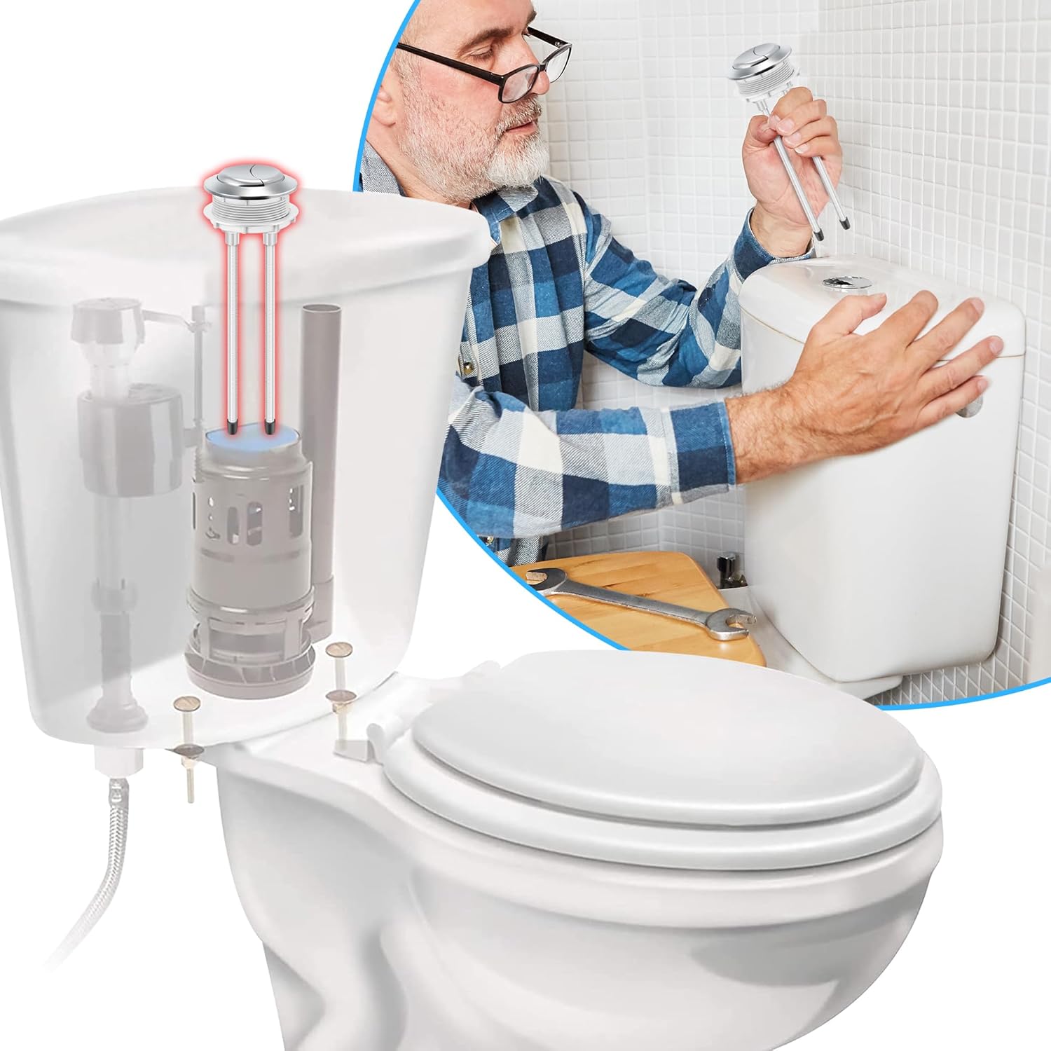 58mm Toilet Tank Buttons, 2 Pack Flush Valve Dual Push Button Replacement Adjustable, Compatible