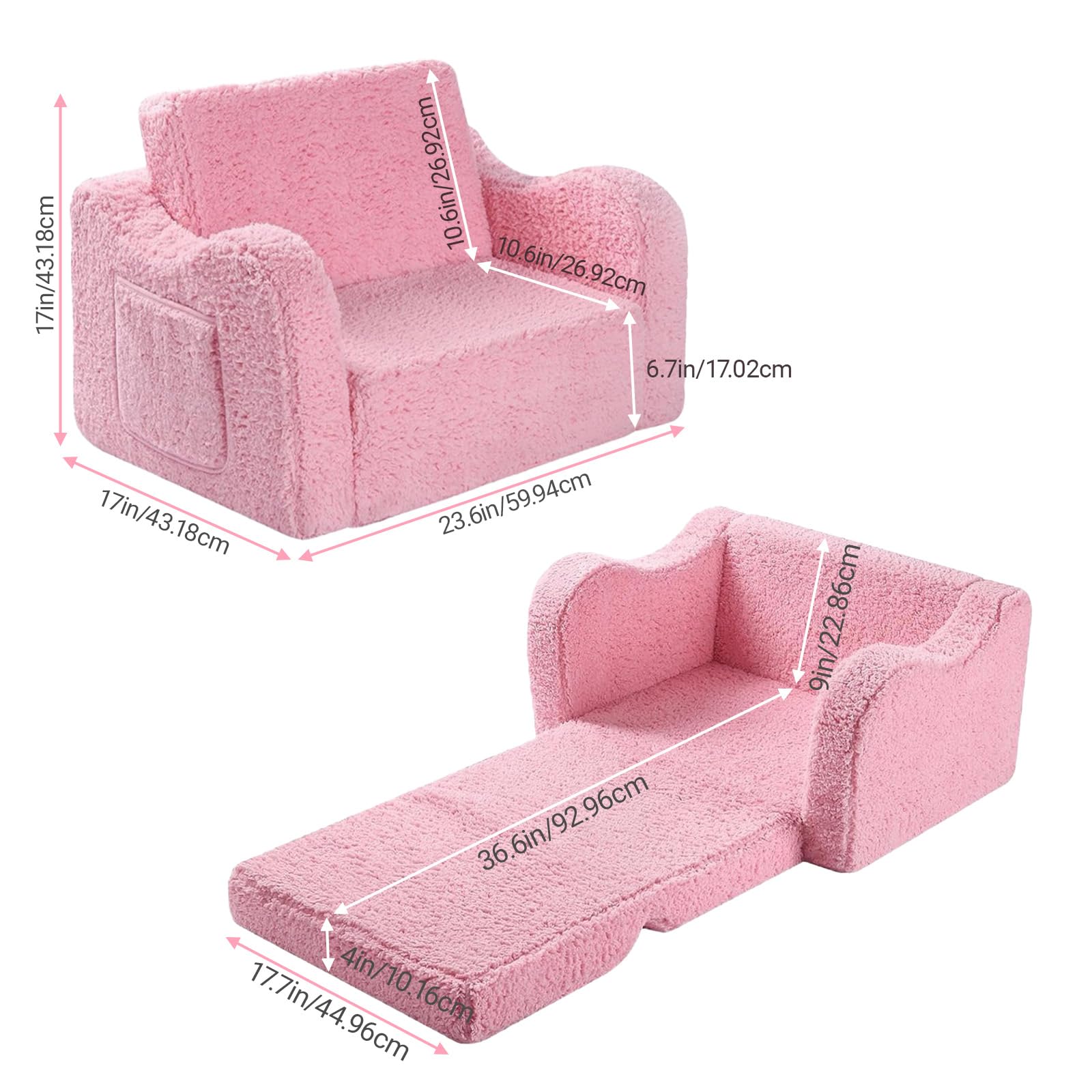 Fauteuil Enfant Convertible en Canapé-lit 2-en-1Parfait pour Jouer et Dormir avec Matelas Amovible, Coussin et Pouf Léger et Facile à Plier pour Filles et Garçons Fauteuil