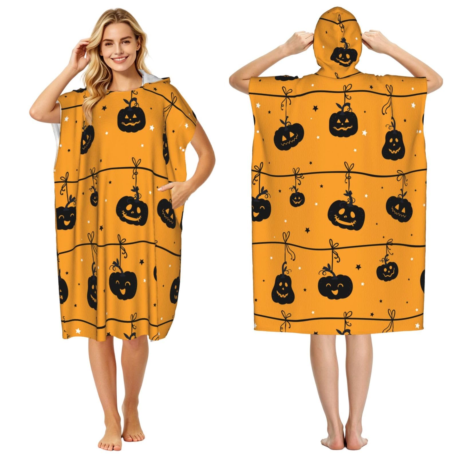 Poadnly Halloween Pumpkin Orange, Adult Hooded Beach Towel 90 x 110 cm,Changing Bath Robe, Surf Poncho Towel For Women Men
