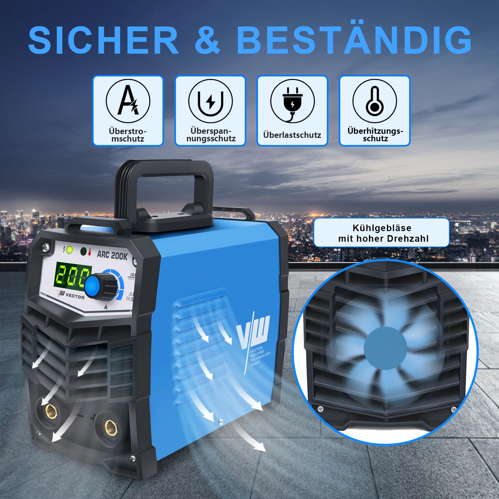VECTOR WELDING MMA Elektrodenschweißgerät 200A Set, 10 bis 200A ARC Schweißgerät mit Hotstart-Funktion, ARC FORCE, Kompakt & leicht, MMA/STICK/E-HAND, IGBT-Technologie für Werkstatt & Industrie