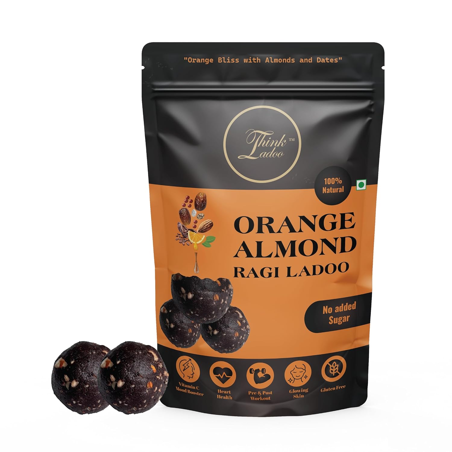 THINK LADOO Orange Almond Ragi Ladoo | 20pcs Pack | Gluten-Free | No Added Sugar | Made with 95% Dry-Fruits | High Protein & Instant Energy | Natural Ragi Ladoo | Good for Toddlers | Pre and Post Workout | 200g Healthy Laddoos THINK LADOO Orange Almond Ragi Ladoo | 20pcs Pack | Gluten-Free | No Added Sugar | Made with 95% Dry-Fruits | High Protein & Instant Energy | Natural Ragi Ladoo | Good for Toddlers | Pre and Post Workout | 200g Healthy Laddoos