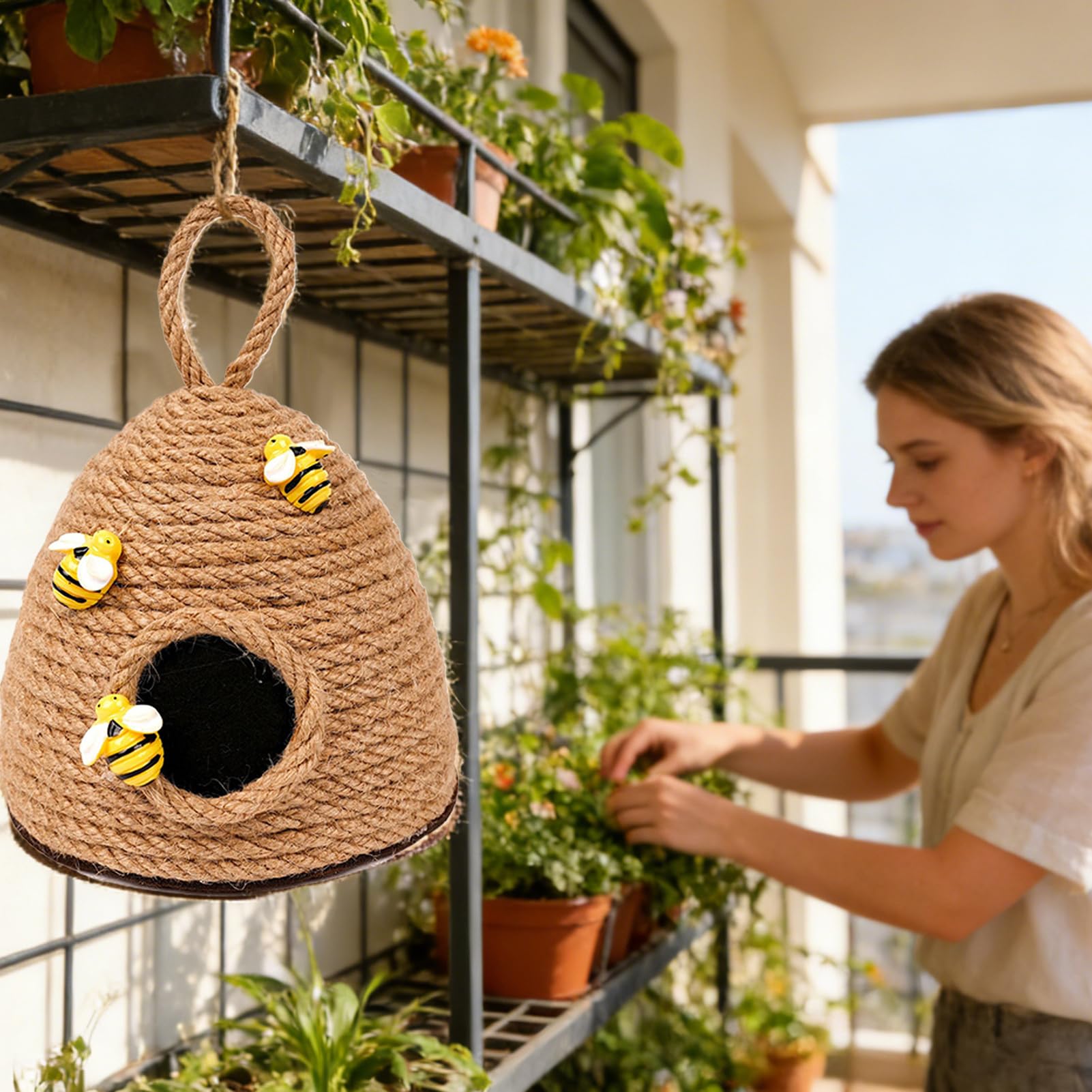Bienenstock- – Bienenstock aus gewebtem Juteseil, abgestuftes Tablett, Bauernhaus-Anhänger, 11 x 11 cm kompaktes Ornament + 15 cm Aufhängeschlaufe, Konstruktion aus Naturfaserschnur – für Küche u