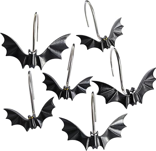 CHICTIE Ganchos de cortina de ducha de Halloween, bonitos anillos de ducha decorativos de murciélago para cortinas de ducha, juego de 12 ganchos de