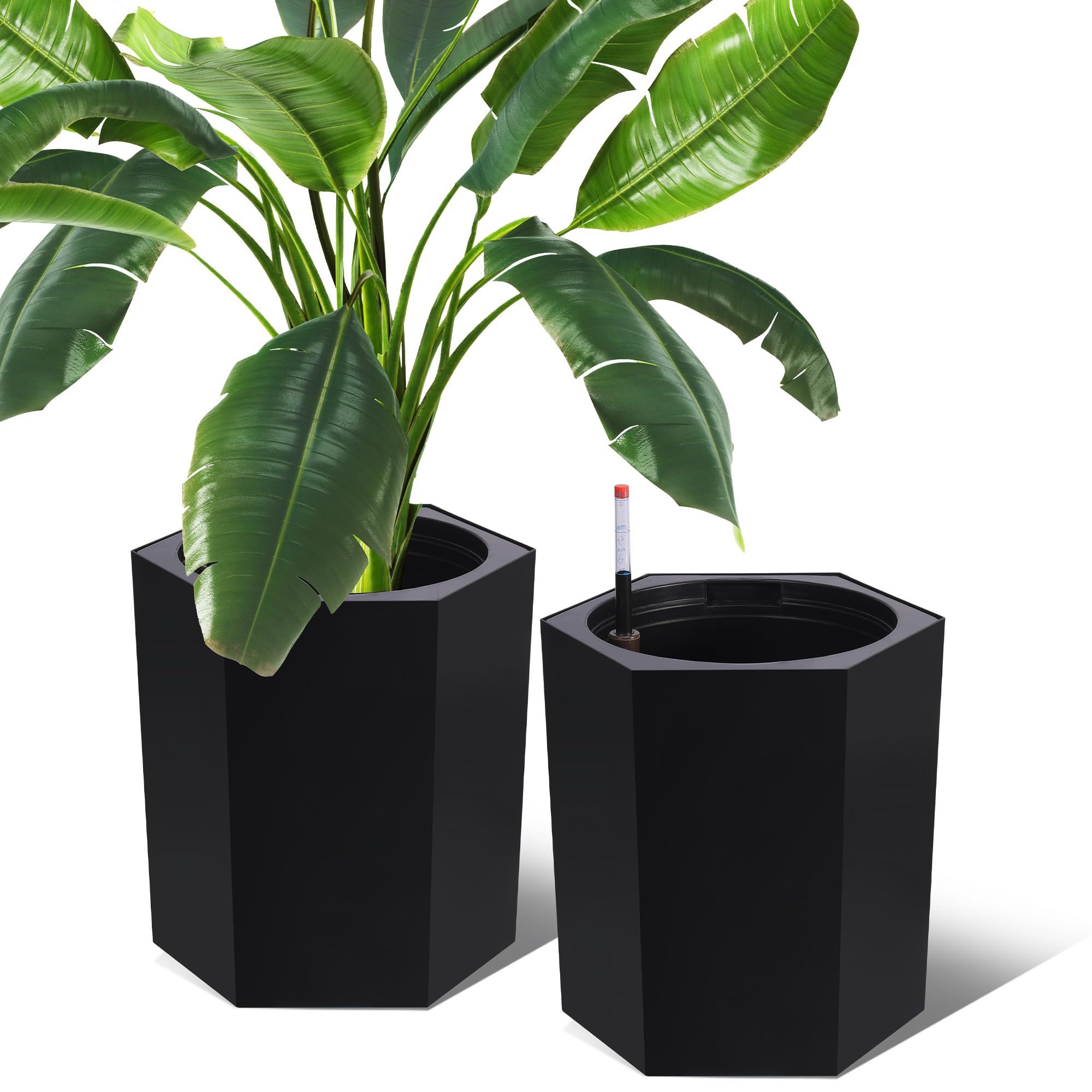 TROPOW 16 Inch Tall Outdoor Planters Set of 2, Self Watering Pots for Indoor Plants with Water Level Monitor & Drainage Hole & Wheels, Large Planter