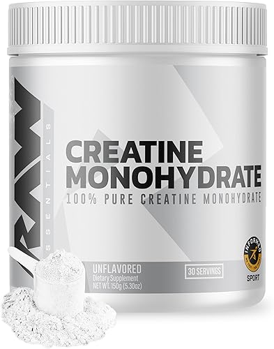 RAW Nutrition Creatina monohidrato en polvo, sin sabor (30 porciones) – Suplemento de monohidrato de creatina micronizada para rendimiento de