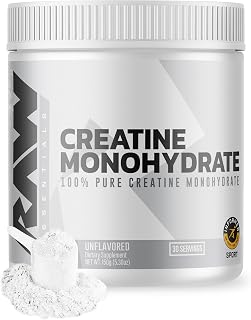 RAW Nutrition Creatine Monohydrate Powder, Unflavored (30 Servings) - Micronized Creatine Monohydrate Supplement for Workout Performance, Build Muscle & Strength - Creatine Powder for Men & Women