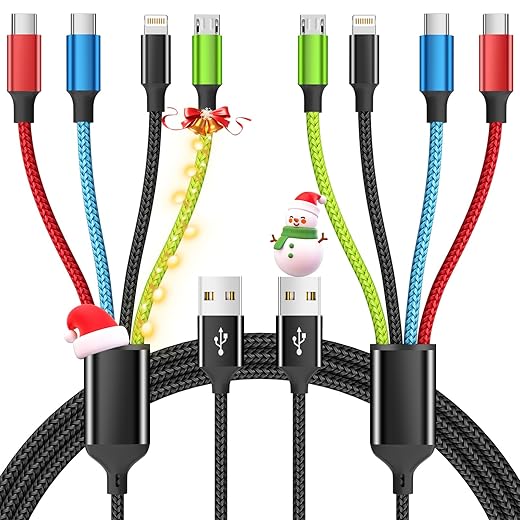 Travel Essentials Multi Charging Cable [2Pack 5FT], Nylon 4 in 1 Charging Cords, USB Cable Phone Charger with IP/Type C/Type C/Micro Port, Compatible with Most Cell Phones/Tablets and More
