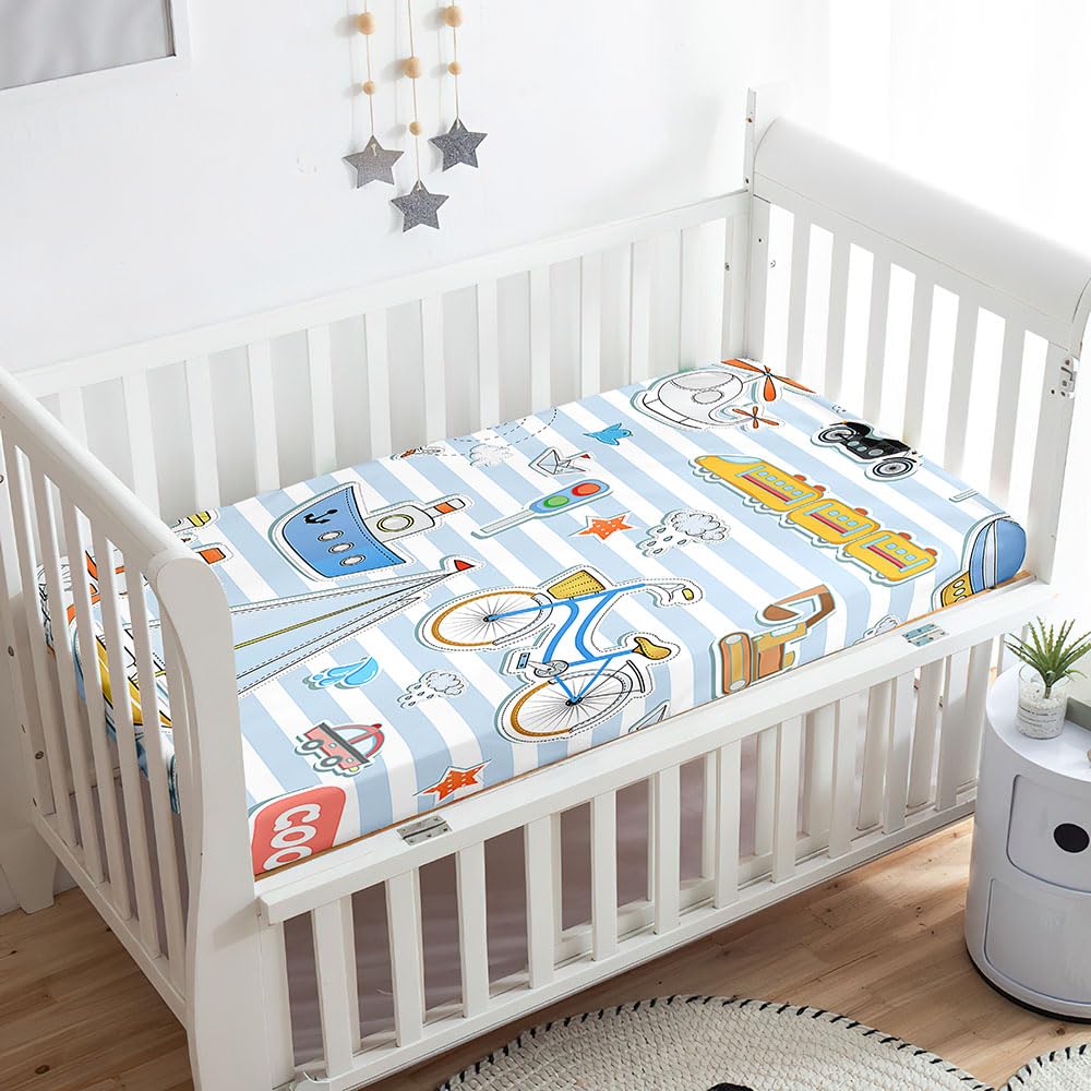 Odot Cot Bed Sheets, Cartoon Car Print Bedside Cribs Fitted Sheets, Baby Bed Sheets Microfiber Cot Bed Mattress Protector, Bassinet Sheets, Easy Care Soft and Dureable (55x90 cm,Stripe)