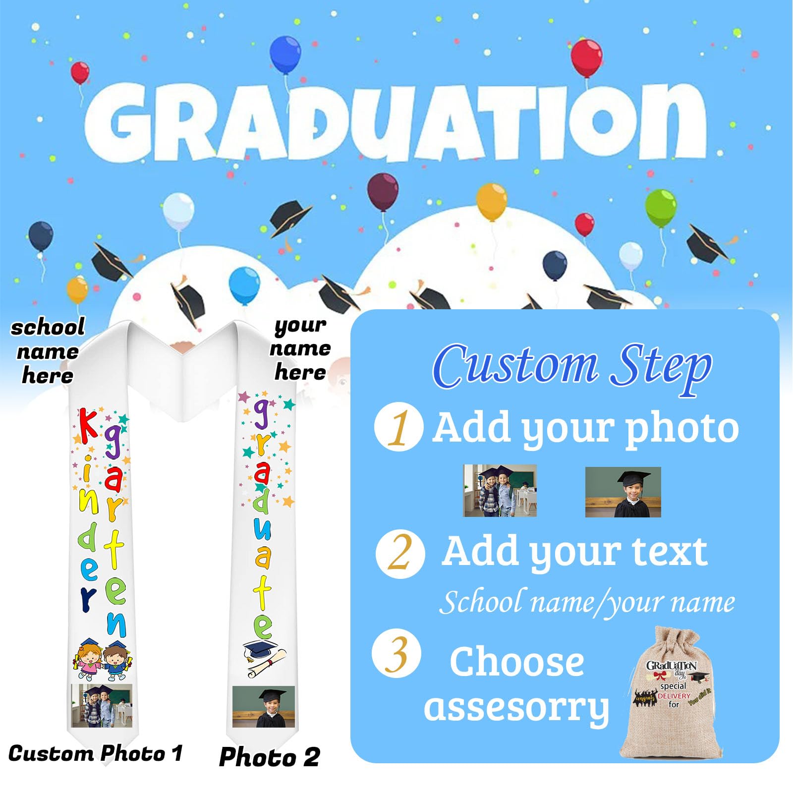 FAHOXUMR Personalized Graduation Stole for Kids 53 inch with Photo Name Custom Kindergarten Graduation Stole Class of 2025 as Graduation Gift?53 inch-Text+Photo?