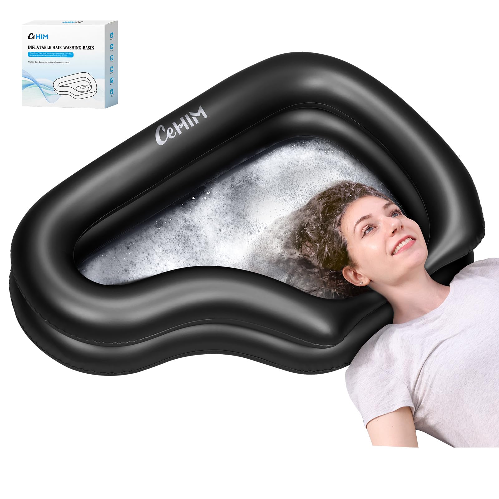 Inflatable Shampoo Basin for Elderly with Drain Hose, Bedside Hair Washer