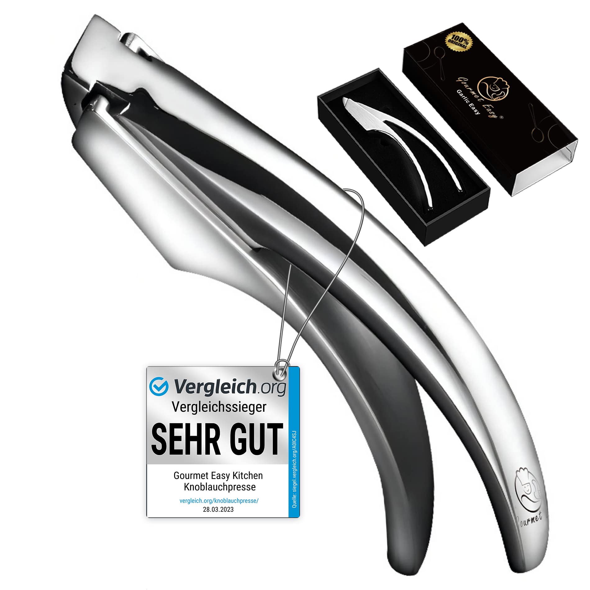 Knoblauchpresse Edelstahl für Knoblauch & Ingwer - kein Schälen nötig | Leicht zu reinigende Knoblauchpresse mit 5 Jahren Ersatzversprechen (für feines Knoblauchhack)