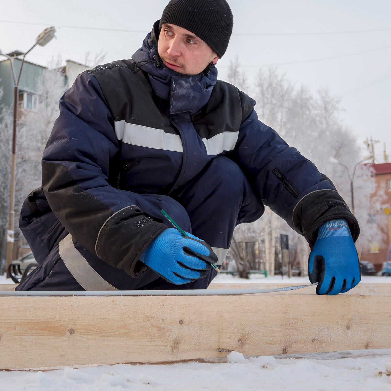 KAYGO gants de travail pu enduit d'hiver - 12 paires, doublure en laine chaude, bonne adhérence, KG11W, pour hommes femmes, pour le travail par temps froid entrepôt congélateur (Bleu, XL, taille 10)