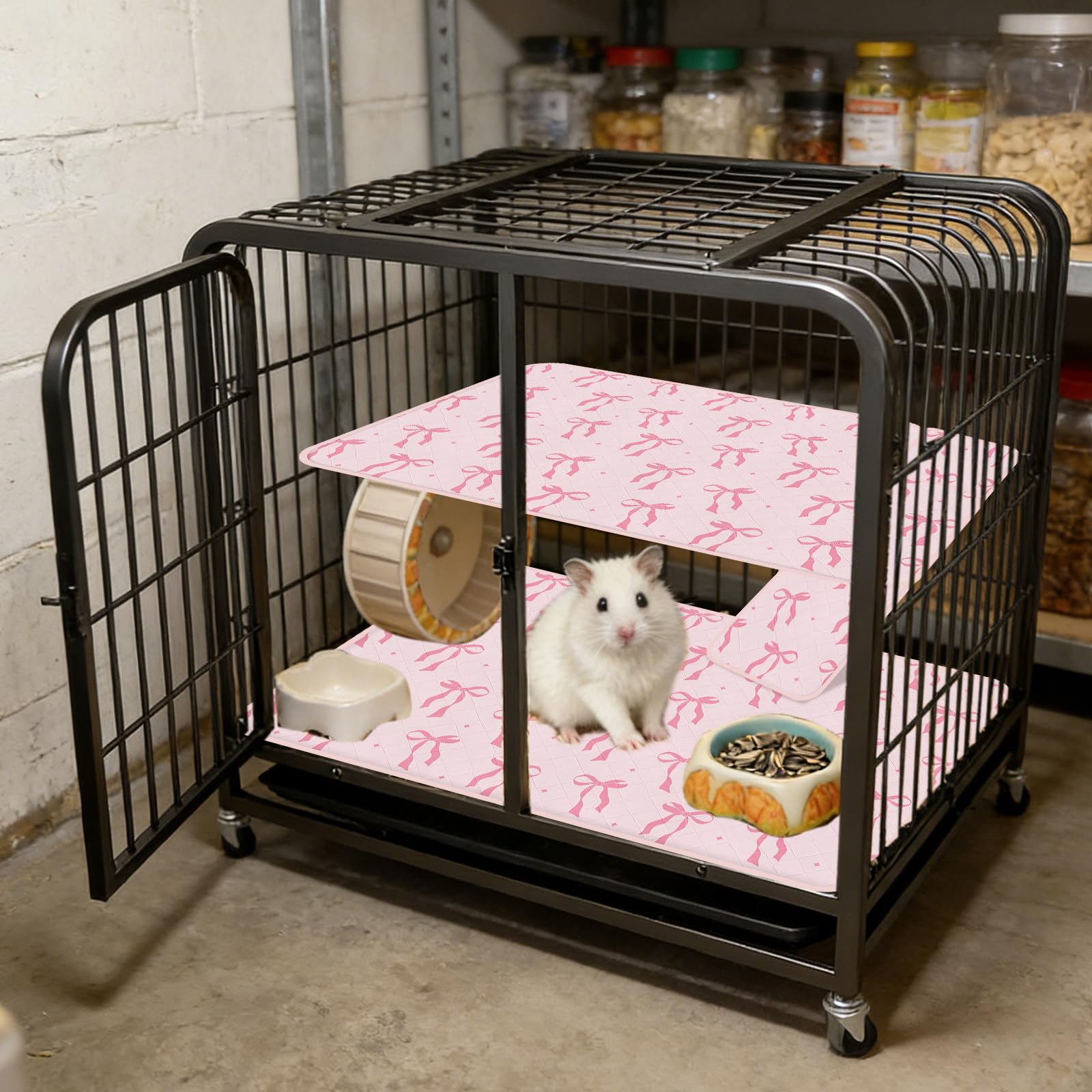 JarThenaAMCS Käfig-Set für Frettchen, Frettchen, Tiere, Nation, Käfig-Zubehör-Set, rosa Schleife, waschbar, Doppel-Einheit, Urinierpads für Hamster, Chinchillas, Kleintierzubehör, 7-teilig
