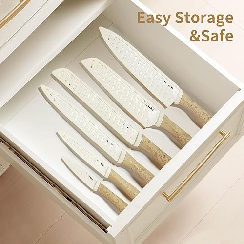 Miniatura 5 de GOODA Juego de 12 cuchillos con cubiertas, juego de cuchillos de cocina con revestimiento de cerámica antiadherente, hoja de acero inoxidable con