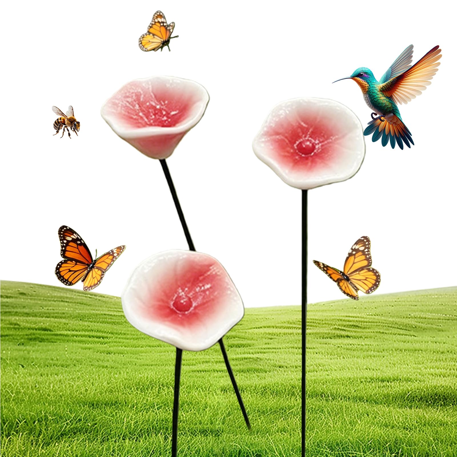 Ceramic Flowers for Bees, Bee Watering Station for Garden, Colorful Flower Bee Water Feeder and Butterfly Bird Bath Small Outdoor Garden Stake Yard Art Decor Gift for Patio Lawn Balcony Pots