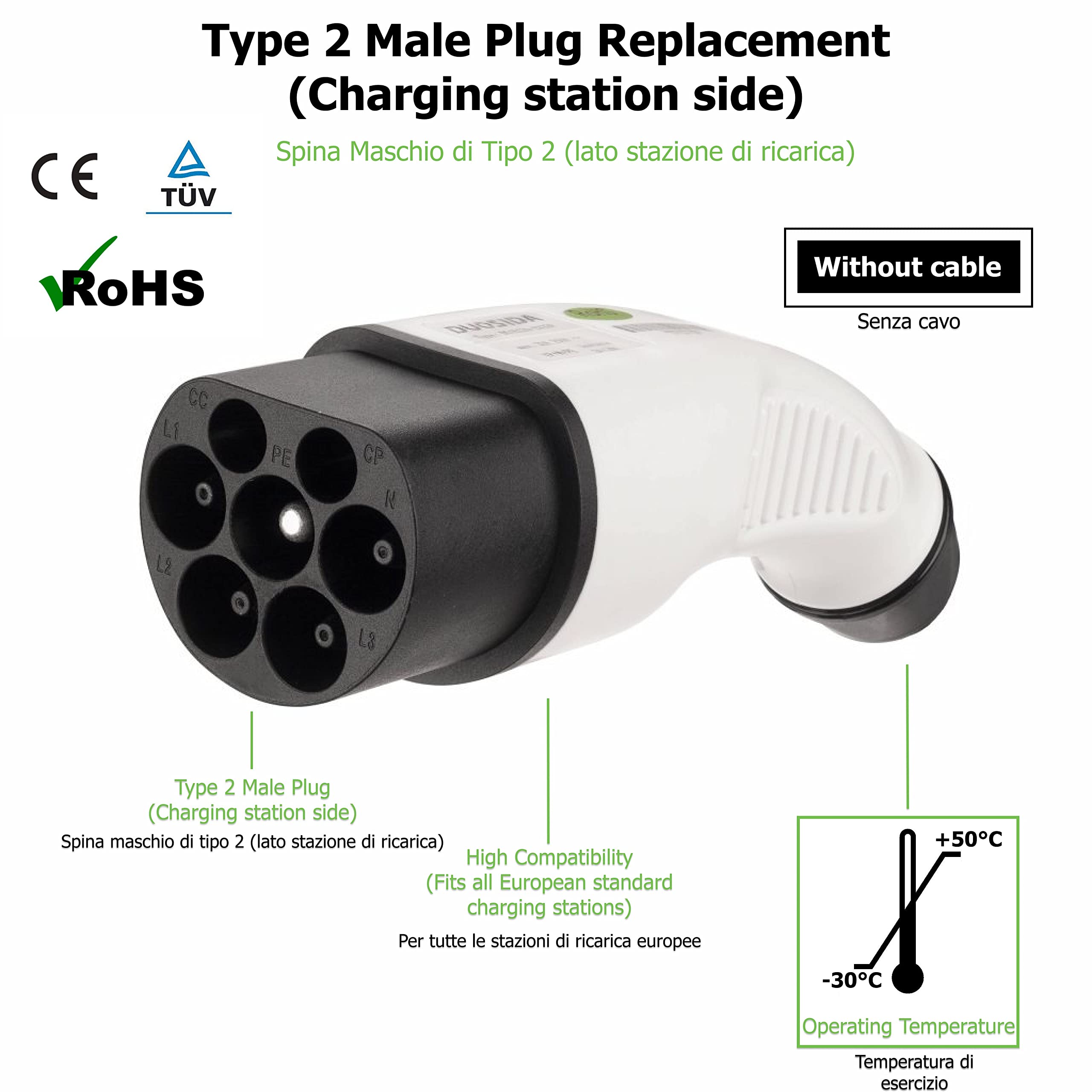 EV + Spina di Ricarica per Auto Elettriche Tipo 2 IEC 62196 a Tipo 2, 5 Metre Spina di Ricarica Auto Elettrica e PHEV, Spina Caricabatterie Auto Elettrico 1-Fase 32A (7,2 kW) Nero