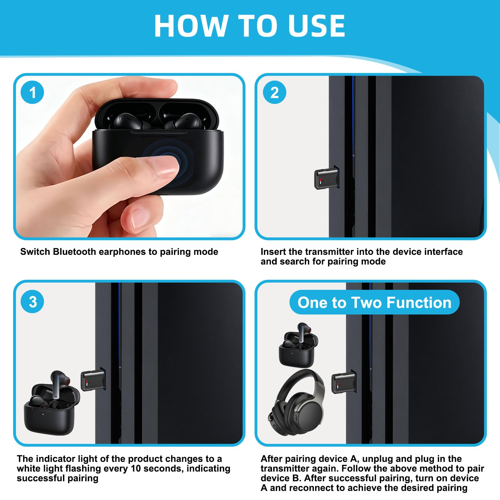 Adaptador Bluetooth USB 5.3 para PS5 PS4 PC Switch,3 Mbit/S Bluetooth Transmisor Receptor Audio Inalámbrico de Baja Latencia,Dongle Dual Link Plug and Play,Compatible con Window Macos Altavoce Casco