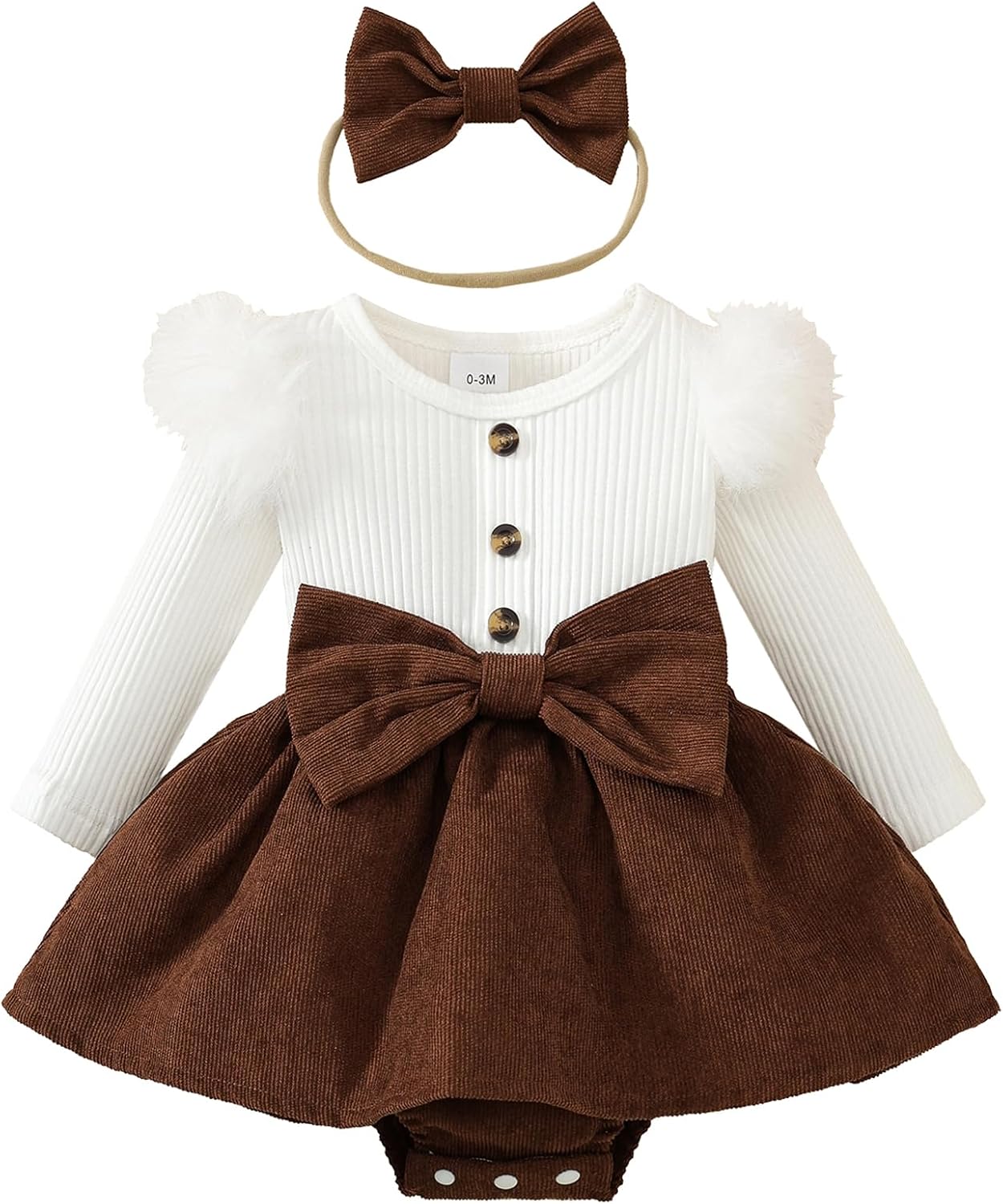 Newborn Baby Girl Fall Winter Outfits Infant Ribbed Romper Dress Ruffle Long Sleeve Clothes Jumpsuit with Bow Headband
