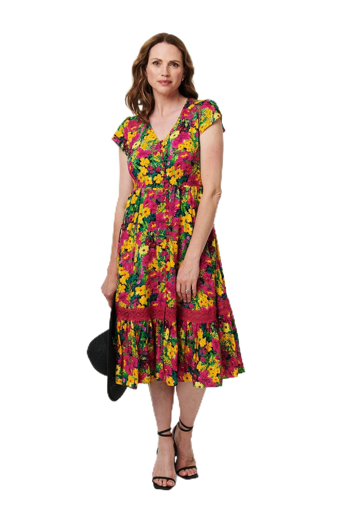 Izabel London Women's Green Floral Lace Trim Cap Sleeve Midi Dress In | Size: 10