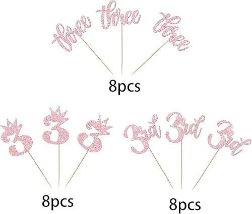 Miniatura 3 de Paquete de 24 adornos para cupcakes con purpurina para tercer cumpleaños, corona, decoración de pastel para tercer baby shower, aniversario,
