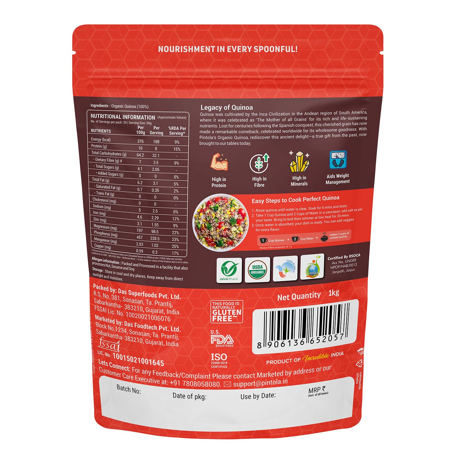 Pintola Organic Quinoa 1kg, Cereal for Breakfast, High in Protein & Dietry Fibre, Minerals, Cholesterol-Free, Gluten-Free Quinoa Seeds Diet Food for Weight Management (1kg) - Image 7 thumbnail