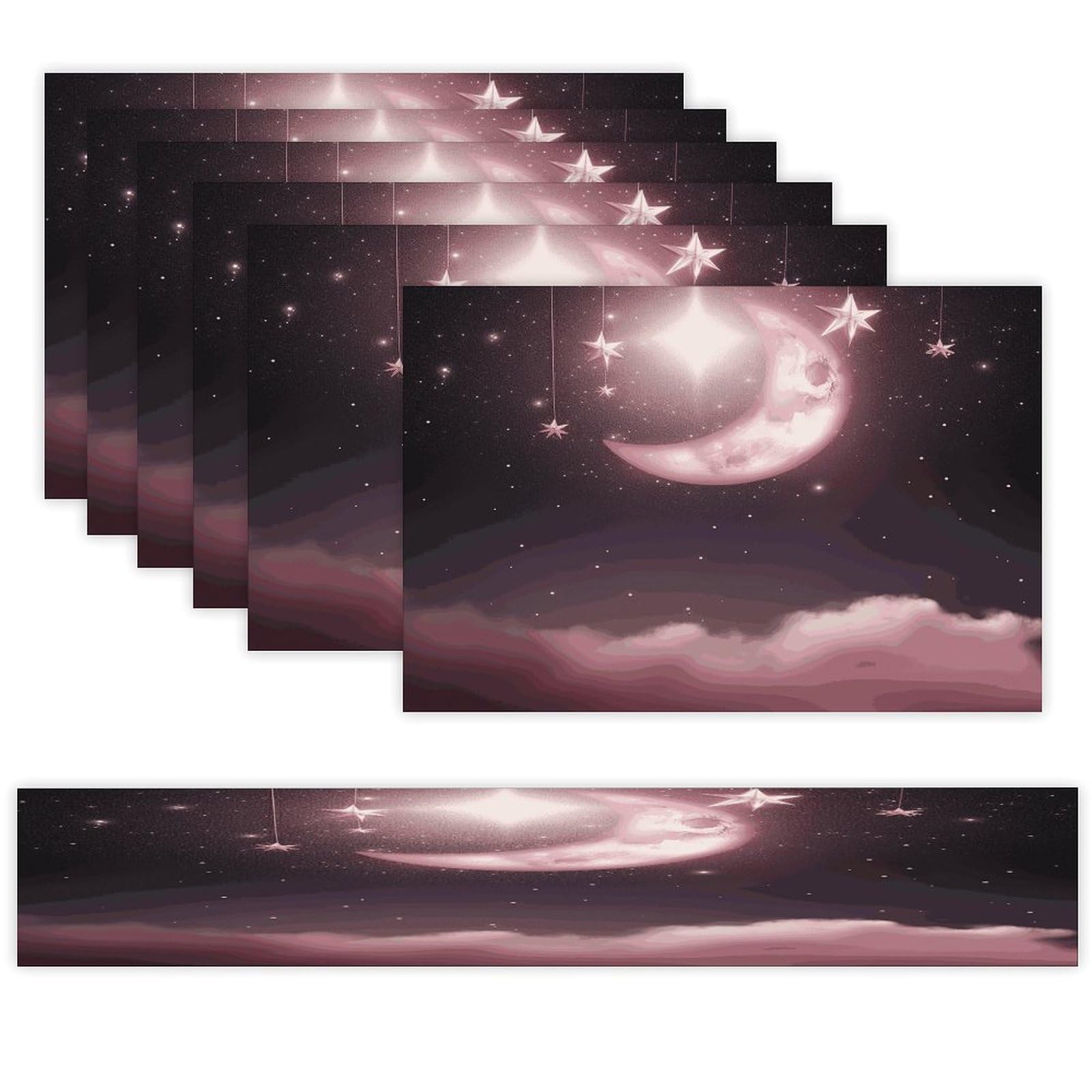 Moon Pink Stars Table Runner and Placemats Set of 6 for Kitchen Washable Table Mats Heat Resistant Place Mats Non-Slip Place Mat Wipeable Placemat(6 Placemats+1 Table Runner)