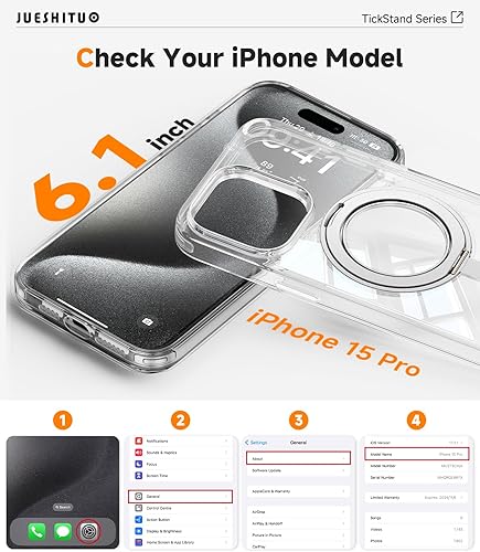 Miniatura 9 de JUESHITUO Funda para iPhone 15 Pro No se amarillea Soporte y base de anillo magnético giratorio de 360 con sonido de amortiguación rotatoria,