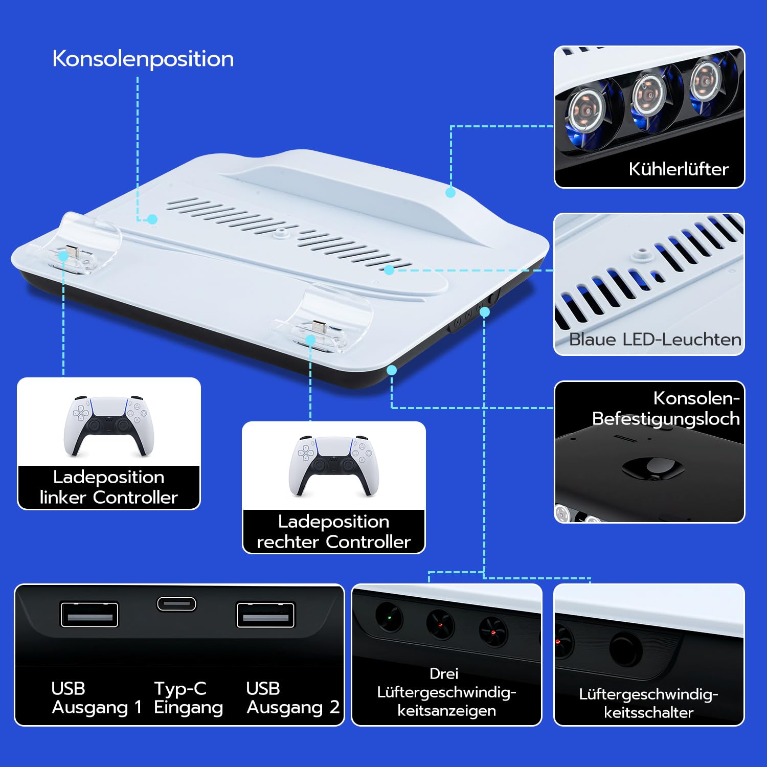 Mcbazel PS5 Kühlständer mit Ladestation | 3-Stufen Kühlventilator + 2 Controller Laden Kompatibel mit PS5/Playstation 5 Pro/PlayStation 5 Slim Disc & Digital – Weiß