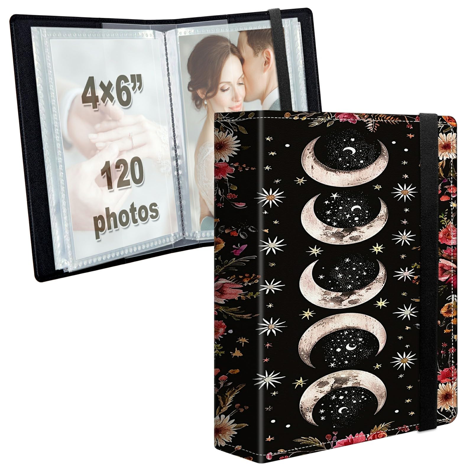 Photo Album 4x6 120 Photos with Strong Elastic Band, Floral Moon