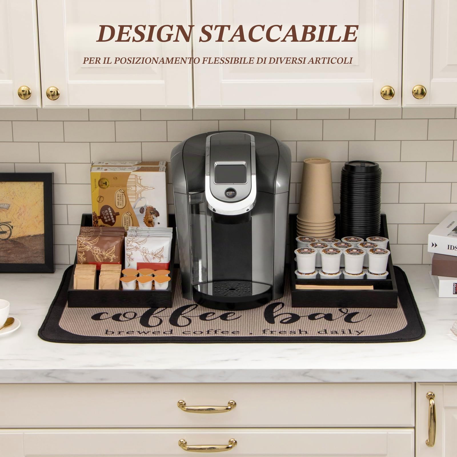 ANBOXIT Organizzatore di Stazione di Caffè per Piano Cucina, Vassoio di Servizio Condimenti, Organizzatore di Bar per Casa, Ufficio e Sala Pausa - Legno, Nero, 9 Scomparti, Due-in-Uno