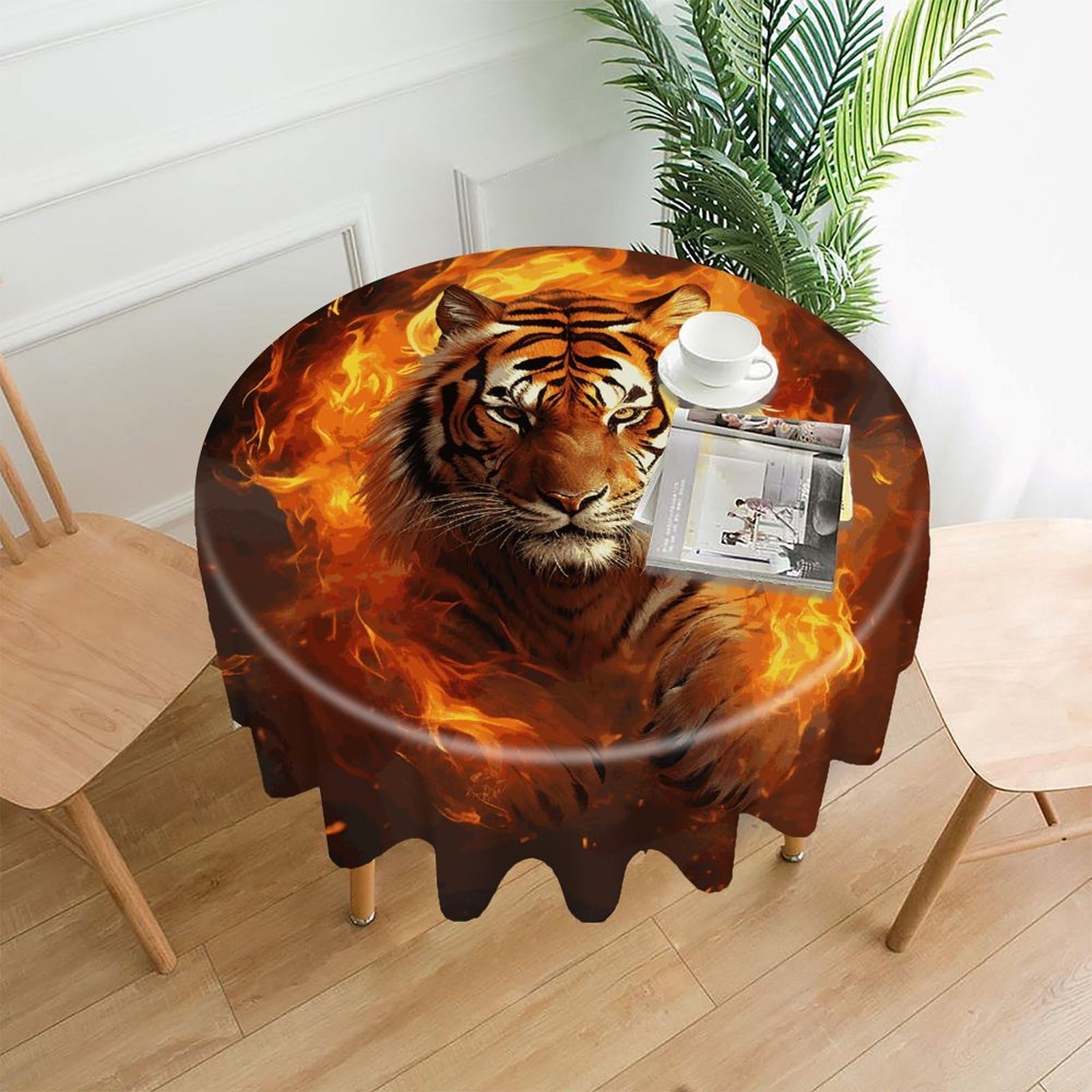 FekiLoot Round Cool Tiger in Flame Tablecloth Decorative Fabric Table Cloth Wrinkle Free Circle Dining Tablecover Washable Polyester Table Cover for Holiday Dinner Party Decor 60"